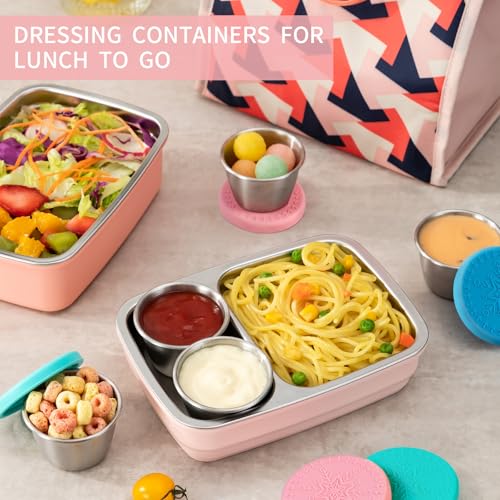 6-Pack 2.4oz Stainless Steel Dressing Container with Silicone Lid | Leakproof and Reusable Small Condiment Containers, Sauce Cups for Salad Dressing, Lunch Boxes & Meal Prep, Dishwasher Safe