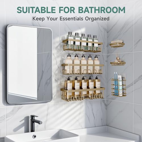 Veken Shower Caddy 6-Pack, No Drilling & Rustproof, Waterproof Adhesive Shelves Rack with Soap Holder, Large Capacity Bathroom Organizers and Storage, Wall-Mounted Kitchen & Home Decor, Matte Gold - color: Matte Gold