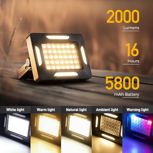LED Solar Portable Camping Lights with Stand dimmable, 2000LM, Solar Rechargeable Work Lights with Magnetic，IP67 Waterproof, 5 Light Modes Portable Flood Light, Camping Lantern for Indoor Outdoor