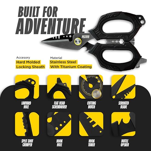 Beyond Fishing 6.5" Pro Fishing Shears Dual Serrated Blades, Fishing Braided Line Scissors with Titanium Coating, Non-Slip Grip & Multifunction Tool, Includes Hard Molded Locking Sheath - color: Omnipro - Black