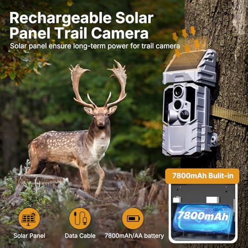 48MP WiFi Trail Camera, 2K Game Camera with 7800mAh Rechargeable Solar Panel, Cell Phone APP, 0.1s Bluetooth Game Camera with Night Vision Motion Activated Waterproof, Gift for Men