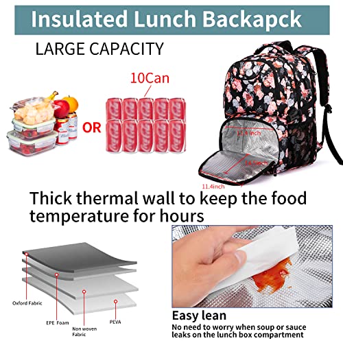 Lunch Backpack for Women, Insulated Cooler Lunch Box, Extra Large Work Backpack with USB Charging Port, Water Resistant 17 inch Travel Laptop Backpack - color: Black Pink