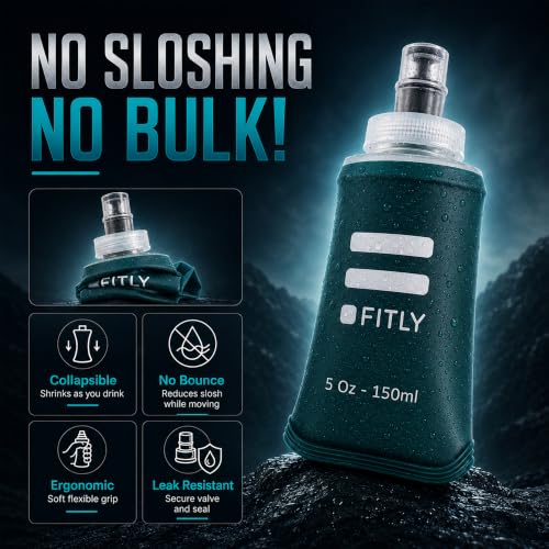 FITLY Soft Flask - Shrink As You Drink Soft Water Bottle for Hydration Pack - Folding Water Bottle Ideal for Running, Hiking, Cycling, Climbing & Rigorous Activity - color: Petrol Blue, size: 5 Ounces
