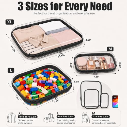 3 Pack Clear Hard Shell Zipper Case (1XL + 1L + 1M, Black) | Travel Toiletry Bag, Waterproof 1.2mm PET Hard Plastic Pouches, Organizer Box for Makeup, Toy, Snack, Stationery, Diaper - color: Black(XL+L+M)