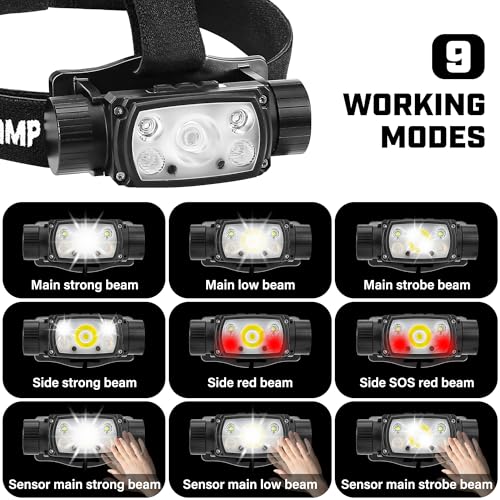 Headlamp Rechargeable, 2000 Lumen Motion Sensor LED Head Lamp with Red Light for Adults, 4000 mAh Battery Powered Super Bright USB C Hard Hat Headlight Forehead for Camping Hunting Hiking Running - size: 9 modes