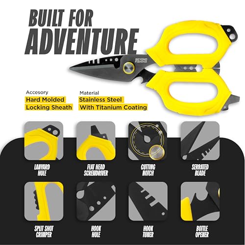 Beyond Fishing 6.5" Pro Fishing Shears Dual Serrated Blades, Fishing Braided Line Scissors with Titanium Coating, Non-Slip Grip & Multifunction Tool, Includes Hard Molded Locking Sheath - color: Omnipro - Yellow