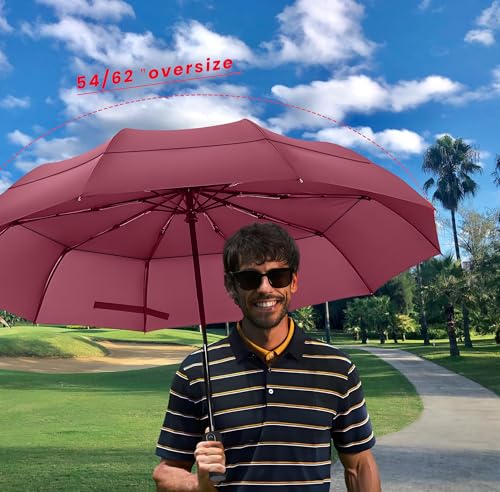 MRTLLOA Compact Golf Umbrella, 10 Ribs Vented Windproof Travel | 49/54/62 Inch Large Oversize, Double Canopy, Quick-Dry Fabric, Lightweight, Umbrellas for Rain - color: Burgundy, size: 62 Inch