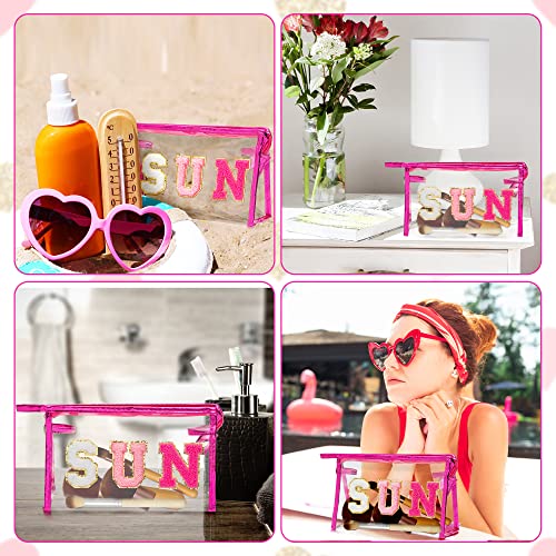 Y1tvei Preppy Patch SUN Varsity Letter Cosmetic Toiletry Bag Transparent PVC Zipper Makeup Bag Clutch Purse Portable Waterproof Travel Organizer Compliant Bag for Women Girls Teens(Rose Red) - color: Rose red SUN Rose Red