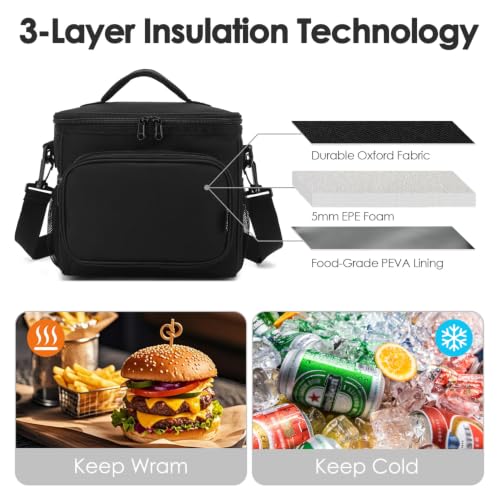 FlowFly Insulated Reusable Lunch Bag Adult Large Lunch Box for Women and Men with Adjustable Shoulder Strap,Front Zipper Pocket and Dual Large Mesh Side Pockets, Black - color: Black