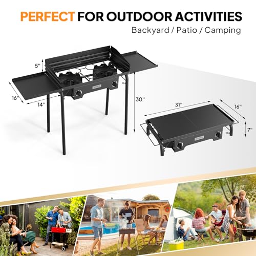 ROVSUN 2 Burner Outdoor Camping Stove with Wind Panel & Shelves, Heavy Sturdy Propane Burner, Gas Cooker with Detachable Legs & CSA Regulator for Home Camp Paito Cooking Frying Canning - style: 2-Burner (shelves)