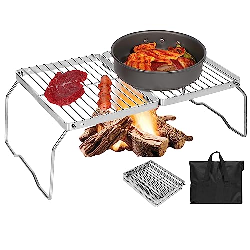 REDCAMP Folding Campfire Grill 304 Stainless Steel Grate, Adjustable Height Portable Camping Grill with Carrying Bag for Outdoor Cooking BBQ - size: 15"x9"