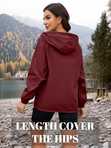 CRIPOM Packable Rain Jacket Women Waterproof Lightweight Jacket With Hood Womens Windbreaker Jacket S-XXL - color: Wine Red, size: Small