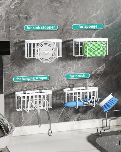 HapiRm Sponge Holder for Kitchen Sink - Sink Caddy with Unique M-Shaped, 2 Installation Methods Kitchen Organizer, Rustproof Stainless Steel Sponge Caddy - White - color: White, size: with M-shaped Holder