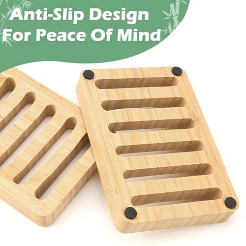 Bamboo Soap Dish, Bar Soap Holder Self Draining Soap Dish Natural Bamboo Soap Holder Waterproof Anti-Slip Wooden Soap Dishes for Bar Soap Saver Tray for Shower Bathroom Kitchen Sink Bathtub