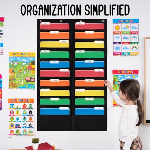 Essex Wares - 20 Pocket File Folder Pocket Chart, Black, 28" W x 46" T | Versatile Wall Hanging File Folder Organizer for Classrooms, Offices, Home, and More - Wall Folder Organizer - size: 20 Pocket