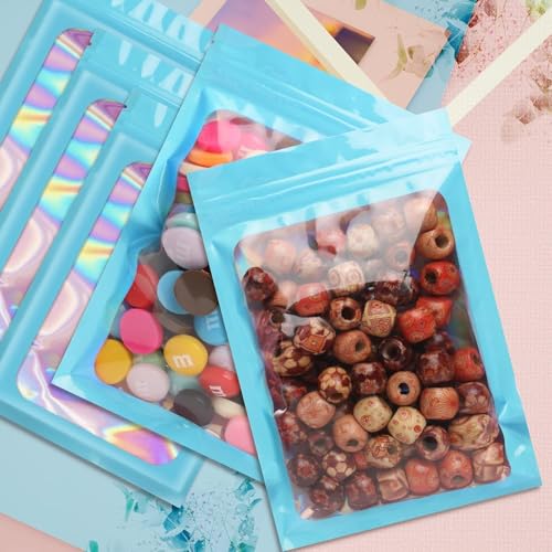 Funfery 100pcs Mylar Holographic Bags-Resealable Zipper&Clear Window (Blue, 3.9 x 7.1 Inch) - color: Blue, size: 3.9 x 7.1 Inch