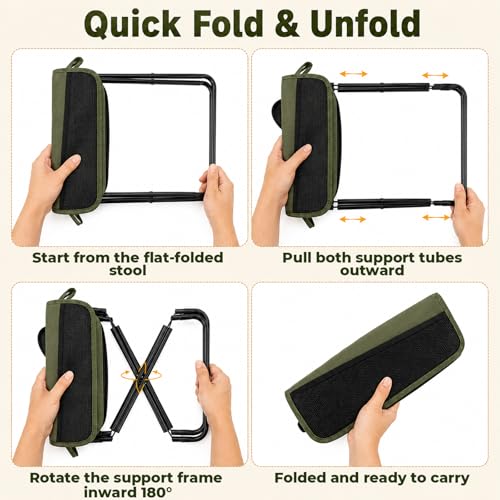 Portable Folding Stool for Adults, Foldable Backpack Stool with Shoulder Strap, 1.77 lb Lightweight Camping Stool with Side Pocket, Travel Seat for Fishing, Hiking, Gardening, Festivals, Green, 1 Pack