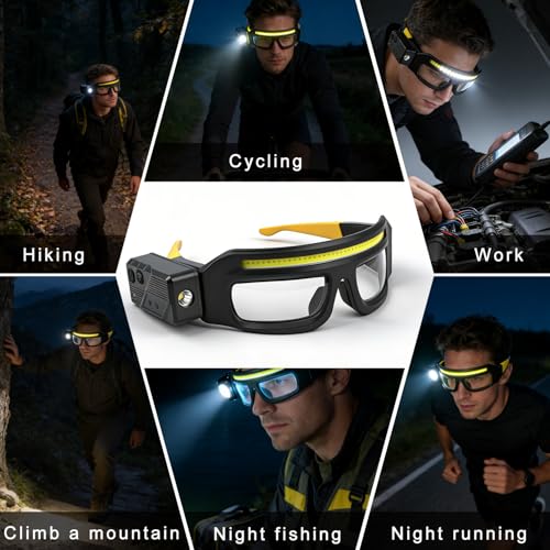 LED Rechargeable Headlight Glasses, Motion Sensor & Touch Control, 5 Modes, 350-500lm, USB-C Charging, IPX4 Waterproof, Hands-Free for Running Camping Fishing Cycling Hiking (Yellow) - color: Yellow