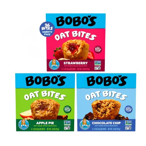 Bobo's Oatmeal Bites, Strawberry, Chocolate Chip, Apple Pie Variety (36 ct) | Gluten Free, Healthy Snacks for Adults & Kids, Simple Ingredients, Whole Grain Oats, Plant Based, Non-GMO Breakfast - size: 36 count