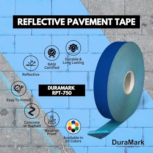 DuraMark RPT-750 Reflective Pavement Marking Tape, Blue, 2 in x 108 ft | Permanent rubber base bonds to asphalt and concrete; glass-bead reflectivity improves low-light visibility. - color: Blue, size: 2 Inch x 108 Ft