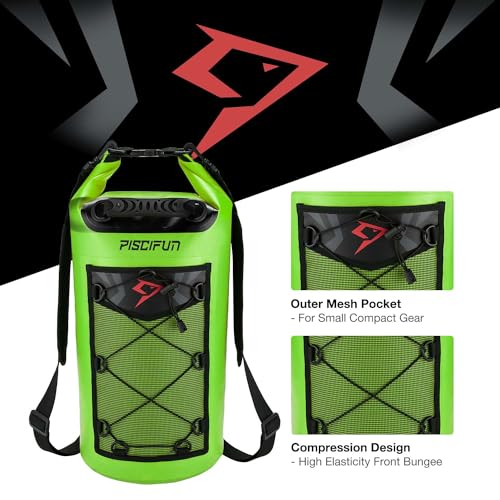 Piscifun Dry Bag, Waterproof Floating Backpack 10L/20L/30L/40L | Waterproof Phone Case, Adjustable shoulder straps, Roll-top closure keeps gear dry, Ideal for Boating, Kayaking, Fishing - color: Light Green, style: 20l