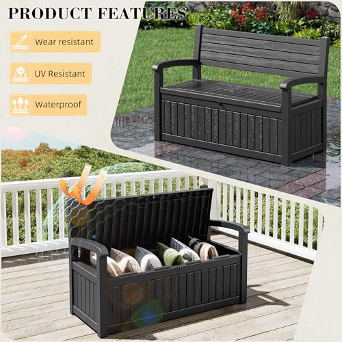 80 Gallon Outdoor Storage Bench, Deck Boxes 0utdoor Waterproof, Porch Bench Doubles as 2-Person Seat, Resin Stripes Deck Box for Cushions - color: Black