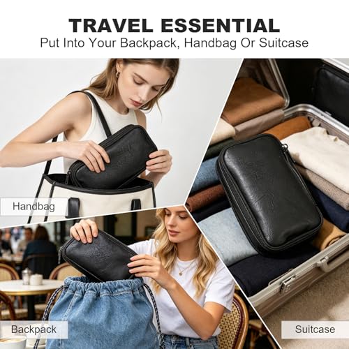 Travel Cable Organizer Bag, Electronic Accessories Leather Pouch, Portable Waterproof Double Layers All-in-One Storage Bag for Cord, Charger, Phone, Earphone (Black, Small)
