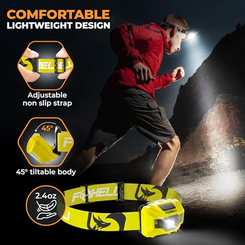 Foxelli USB‑C Rechargeable LED Headlamp – Ultra‑Light 2.4 oz & Bright 180 Lumens – Red/White Light, 5 Modes, IPX5 Waterproof, 40 h Runtime for Trail Running, Camping, Hiking - color: Neon Yellow