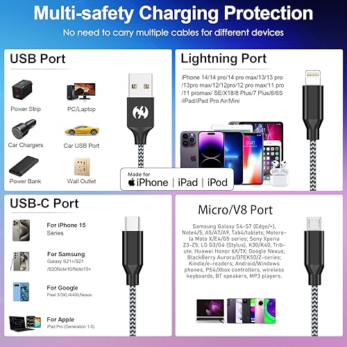 Short Multi Charging Cable,USB Universal Charger,2Pack 2ft Car Cord - color: Grey/Black-2FT-2Pack