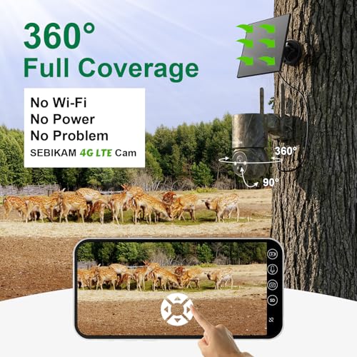 4G LTE Cellular Trail Camera with SIM, Solar, 2K 360° PTZ, No WiFi | Live View, Color Night Vision, Motion Detection, Camouflage, Hunting, Wildlife, Remote App View, Solar Powered, Waterproof