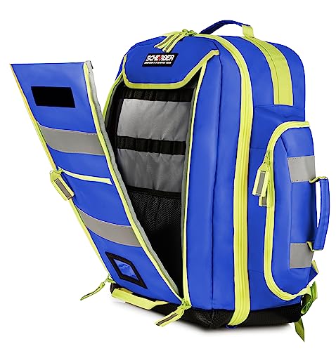 Scherber Fully-Stocked Premium First Responder Backpack | EMT/EMS Medic Trauma & Oxygen Medical Professional Kit | Bag w/ 4 Color-Coded Removable Pouches, O2 Storage, & 250+ First Aid Supplies (Blue) - color: Blue