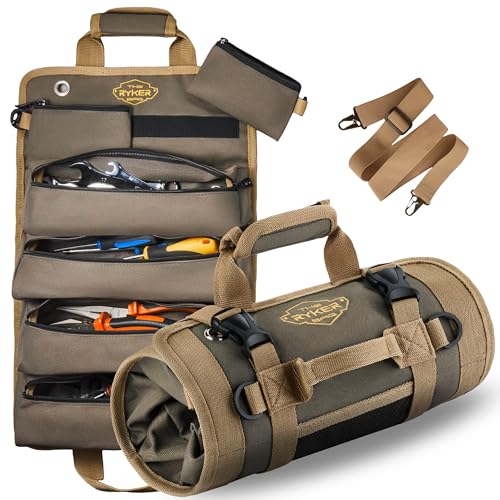 Ryker Heavy Duty Roll Up Tool Bag Organizer w/Detachable Pouches, Khaki - color: A- Khaki
