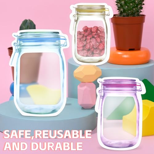 Fireboomoon 30 PCS Multi-Size Mason Jar Bottle Pattern Zipper Bags,Reusable Airtight Seal Leak-Proof Portable Food Snack Save Storage Pouch Bag for Travel Picnic Camping and Kids
