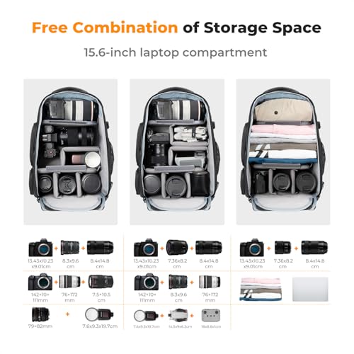 K&F CONCEPT Camera Backpack,25L Large Capacity Camera Bag for Photographers | Raincover, 15.6 Inch Laptop Compartment, Compatible for Canon/Nikon/Sony/DJI Mavic Drone, B10 - color: 01-black-grey, size: 25L