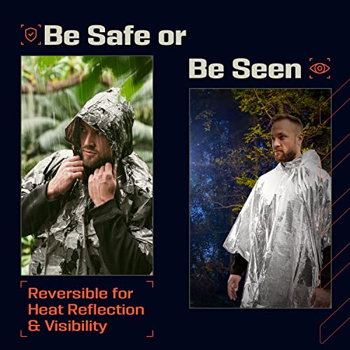 PREPARED4X Emergency Mylar Poncho – Survival Rain Poncho with Hood – Lightweight, Compact, Reusable Emergency Blanket Poncho for Hiking, Camping, Thermal Gear, Car Kit, Outdoors - color: Grey Camo 4-pack