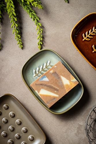 Miamolo Bar Soap Holder for Shower, Soap Dish for Bathroom, No Mushy Soap | Ceramic Soap Saver Tray for Vanity, Tub, Kitchen Sink | Long-Term Bathroom Use Pro-Environment, Housewarming Gift, Dark Green - color: Dark Green, size: Leaf Design