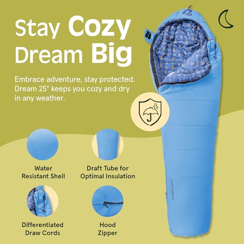 Retrospec Dream 25 Kids Sleeping Bag for Camping - Mummy Style, Water-Resistant, Lightweight 3lbs 3oz, Adjustable Length, Draft Collar, 25°F Rating - color: Cloud Dreamer