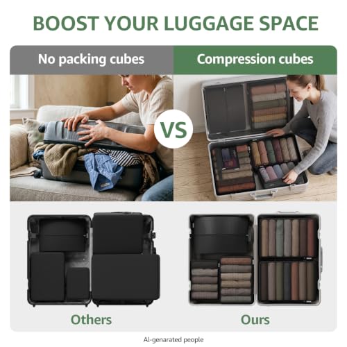 7 Set Compression Packing Cubes for Travel Essentials Luggage, Mesh Collapsible Packing Cubes for 20-22 inch Carry on Suitcase, Expandable Travel Packing Organizers with Shoe Laundry Bag(Black） - color: Black, size: 7 Set (For Carry-On/Medium)