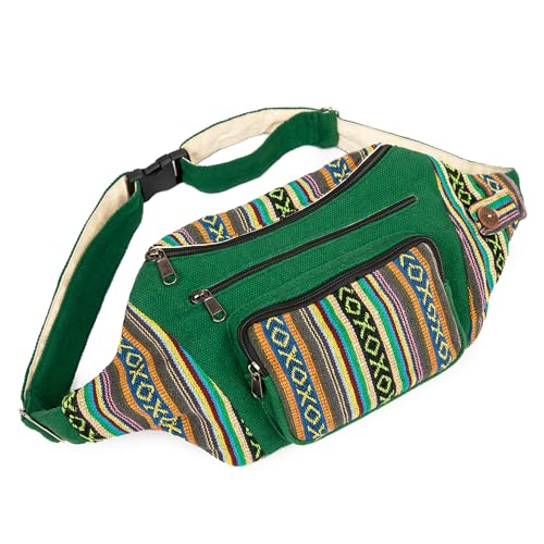 Freakmandu Eco-Friendly Boho Hippie Style Hemp Fanny Pack White Hip Waist Bag for Hiking Running Jogging - color: Green Mix