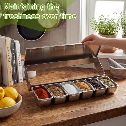 6 Compartments Stainless Steel Chilled Condiment Tray, Garnish Tray with 6 Removable Compartments, Chilled Condiment Dispenser with Lid, Fruit Serving Containers - size: 6 Compartments