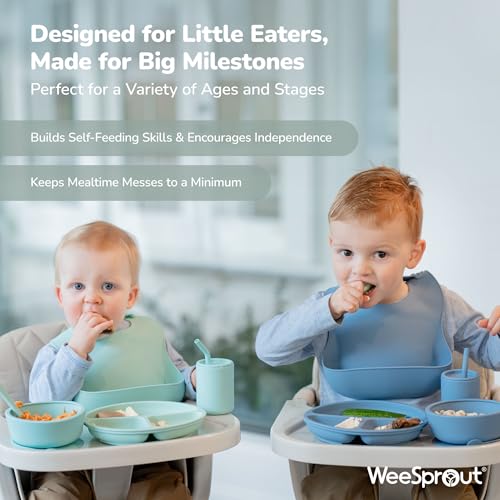 WeeSprout Baby Led Weaning Bundle, Silicone Suction Bowl, Spoons, Bib & Cup, Develops Self Feeding Skills, Dishwasher Safe (Confetti) - color: Confetti