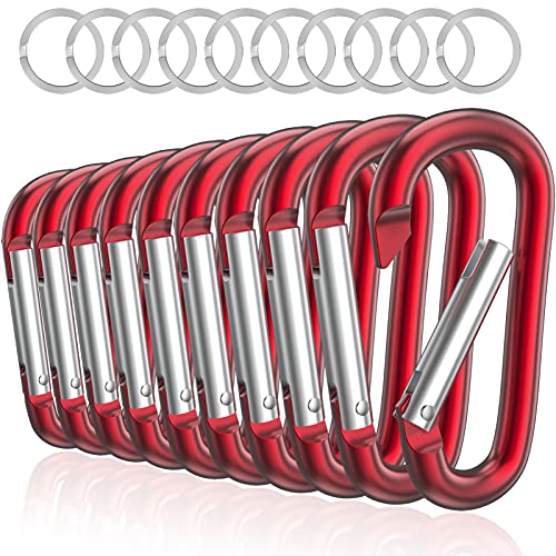 sprookber 3" Aluminum Carabiner D Ring, Caribeener Clips, Spring Snap Hook for Keychain Clip, Set of 10 - color: Red