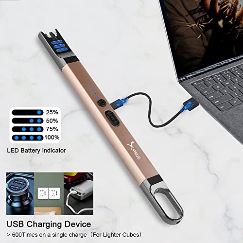 SUPRUS Candle Electric Arc Lighter Windproof Flameless USB Rechargeable Lighter with LED Light for Candle Camping BBQ Cooking (Champagne Gold) - color: Champagne Gold