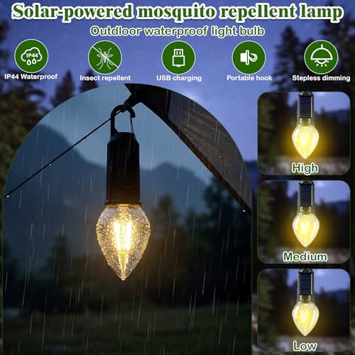 4 Pack Solar Tent Lights for Camping, Yellow Mosquito Repellent Light Bulbs, Rechargeable Hanging Lanterns with Hooks, Portable Bug Proof LED Lantern for Camping, Hiking & Emergency Power(T01)
