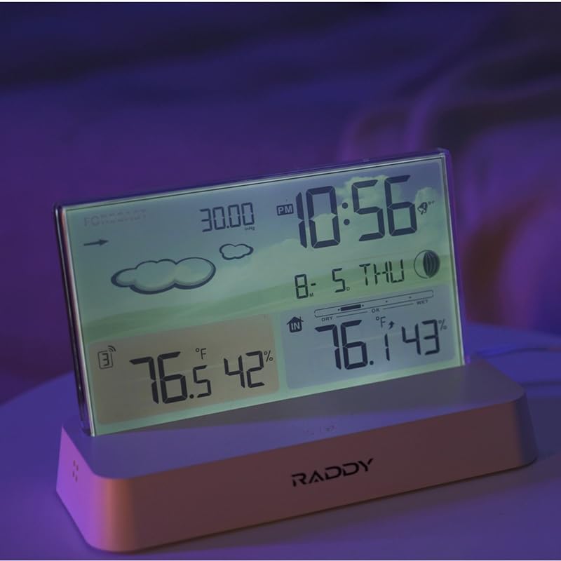 Raddy DT6 Wireless Weather Station, Atomic Clock Color Display | Indoor outdoor thermometer hygrometer, home weather forecast, barometric pressure