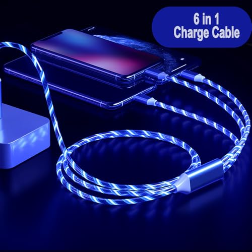 IHAO Multi Connectors Fast Charging Cable 6 Combinations in One Cable USB A/Type C to USB C/Micro USB Cord Lighted Up LED Flowing Compatible with Most of Electric Device-39 Inches Blue - color: 6 Combinations LED Blue