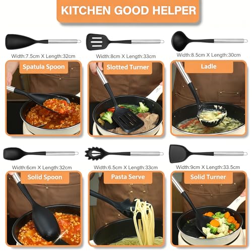 Large Silicone Cooking Utensils Set, 10Pcs Nonstick Kitchen Utensil Set with Stainless Steel Handle, BPA Free Spatula Set with Turners Spoon Ladle Skimmer(Black/Silver) - color: Black/Silver