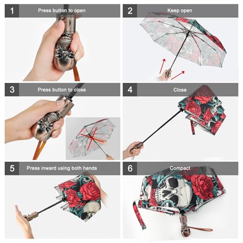 Skull Handle Windproof Travel Umbrella Compact Portable, Auto Open Close | Luxury Gothic Skull Grip with One-Touch Automatic Open, Wind Resistant and Sturdy for Rain, Lightweight to Carry Daily - color: 01.Rose