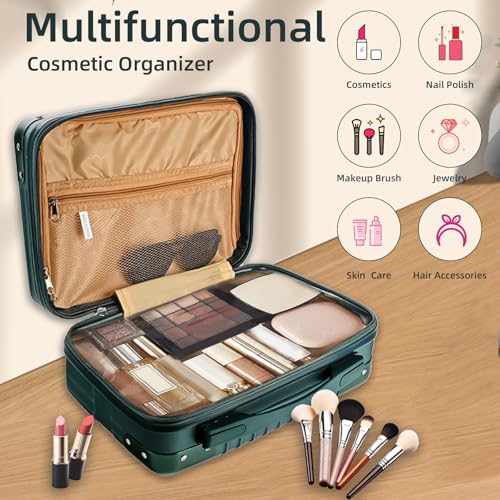 Dark Green 14inch Hard Shell Cosmetic Organizer Travel Train Hand Luggage Small Portable Carrying Suitcase Makeup Case Bag for Women Toiletry - color: BLUE