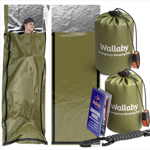 Wallaby 2-Pack Emergency Mylar Sleeping Bags with Nylon Pouches, Whistle Pull & Paracord with Carabiners, Free Survival Guide – Hiking, Survival - color: Green